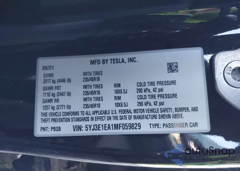 2021 Tesla Model 3 Standard Range Plus Rear-Wheel Drive from USA, damaged, VIN 5YJ3E1EA1MF059829